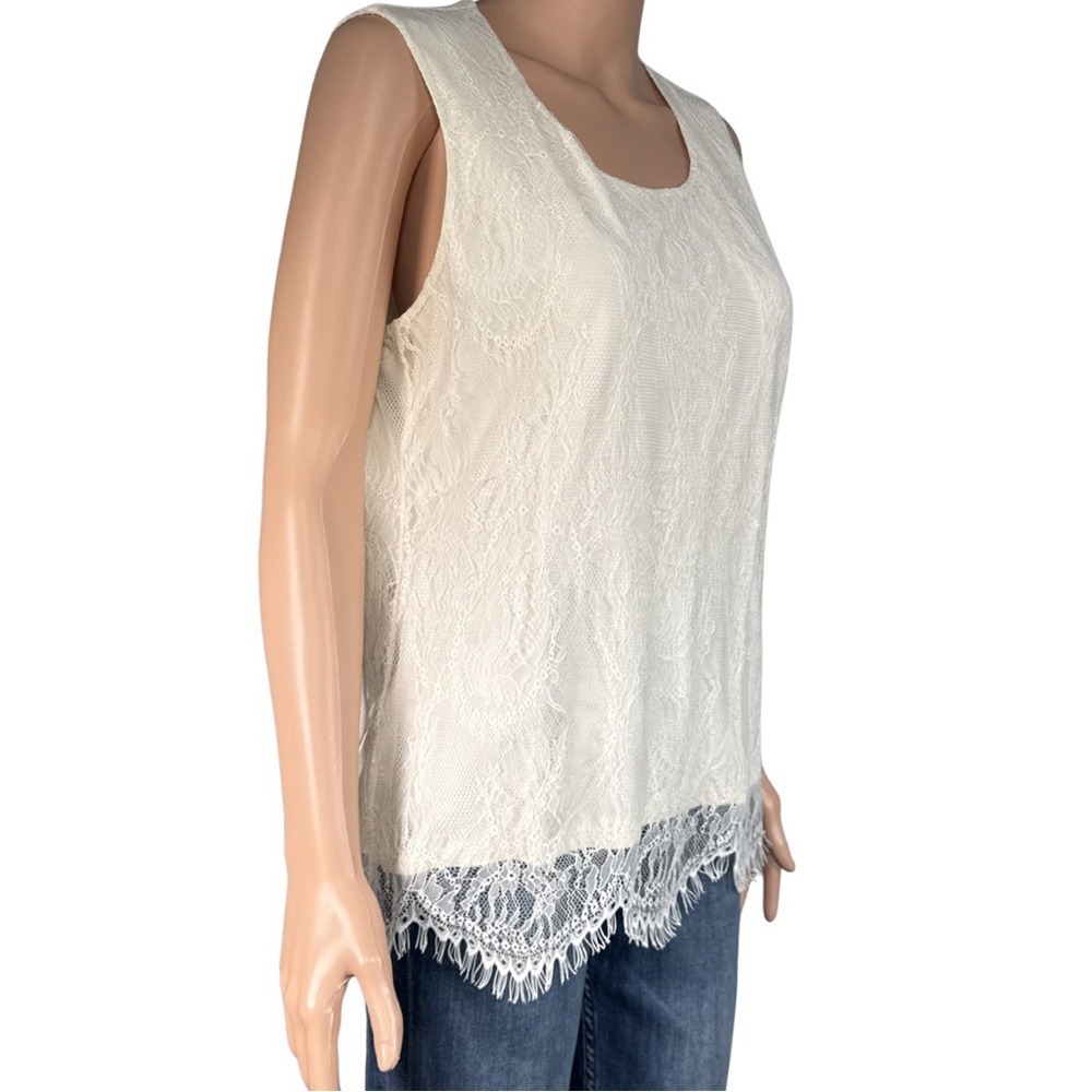 Coldwater Creek Ivory Lace Sleeveless Top Scalloped Eyelash Hem L 14-16 4012497